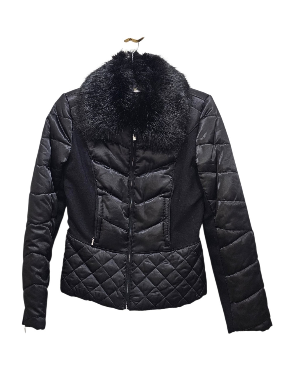 WHBM. Black Faux Fur Removable Collar Quilted Women's Jacket